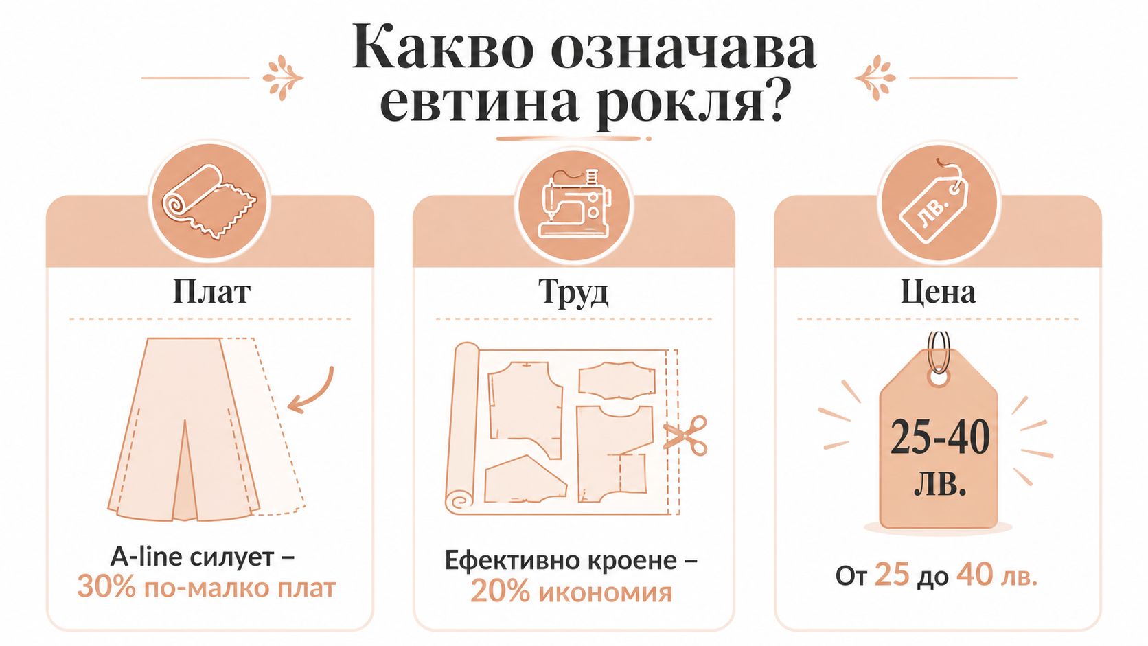 Инфографика, показваща как ефективността при кроене и избор на силует влияят върху крайната цена на дамска рокля.