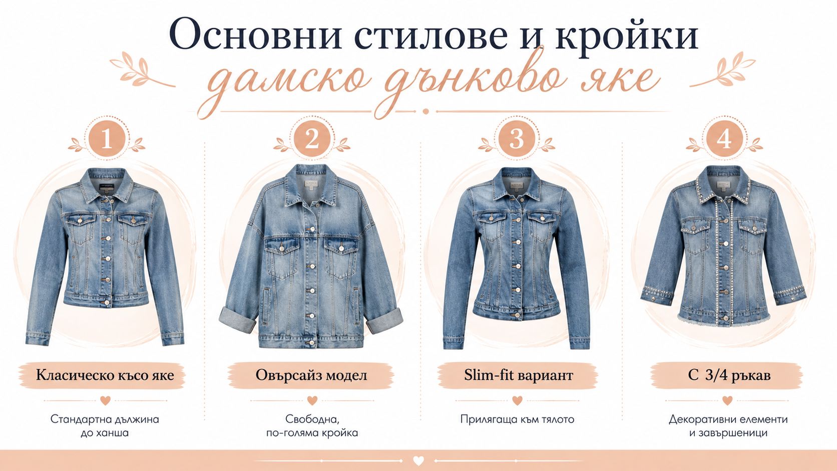Инфографика, показваща четири различни стила дамски дънкови якета с техните основни характеристики и кройки.