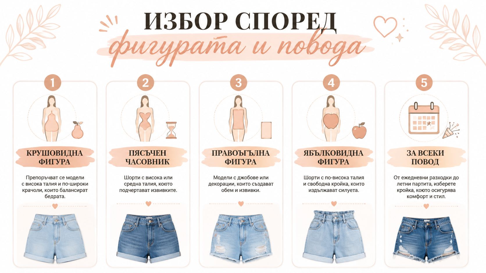 Инфографика за избор на дамски дънкови къси панталони според типа фигура и повода за носене.