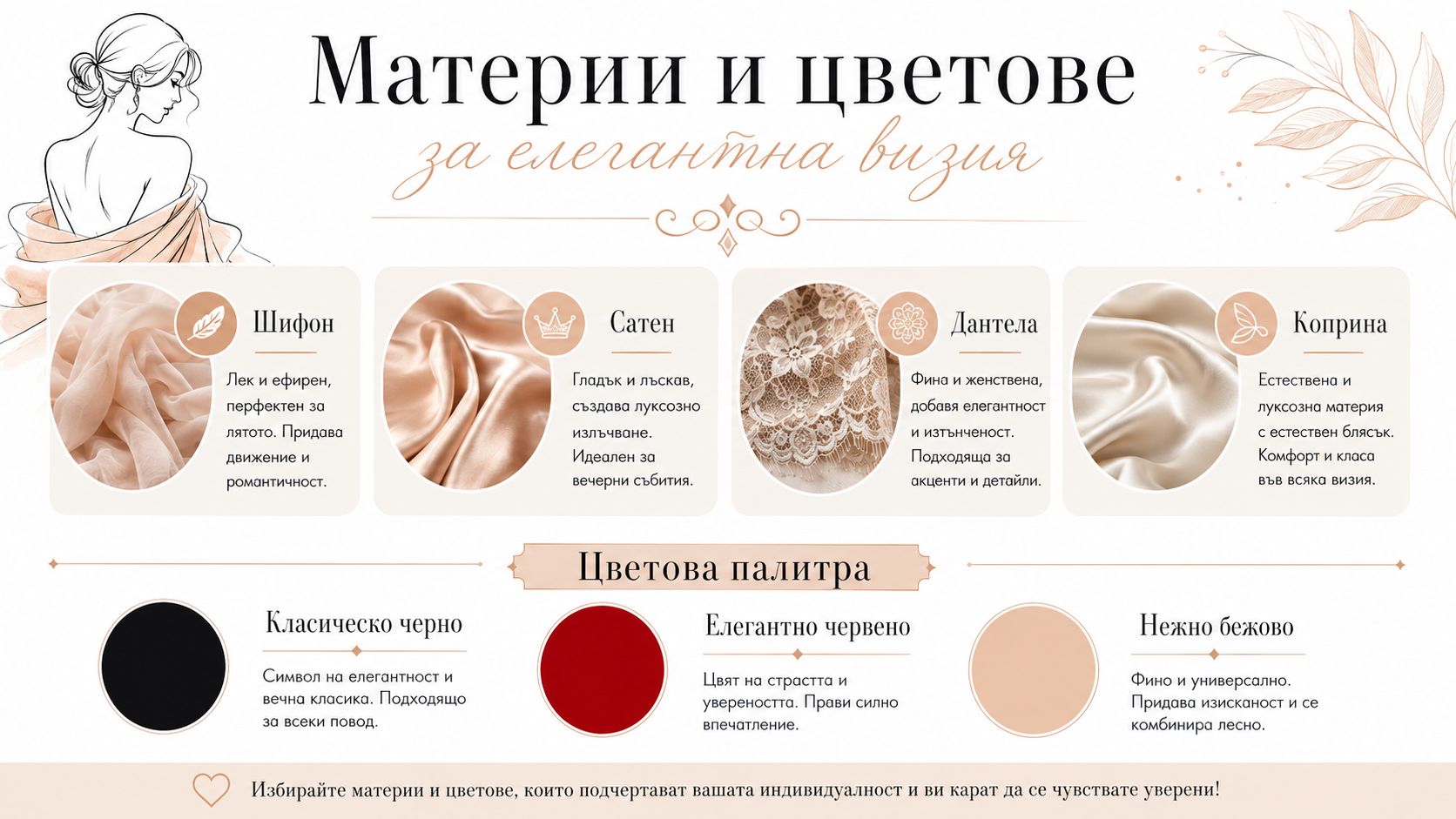 Инфографика за материи и цветове за елегантна визия, представяща шифон, сатен, дантела, коприна и класически цветови комбинации.