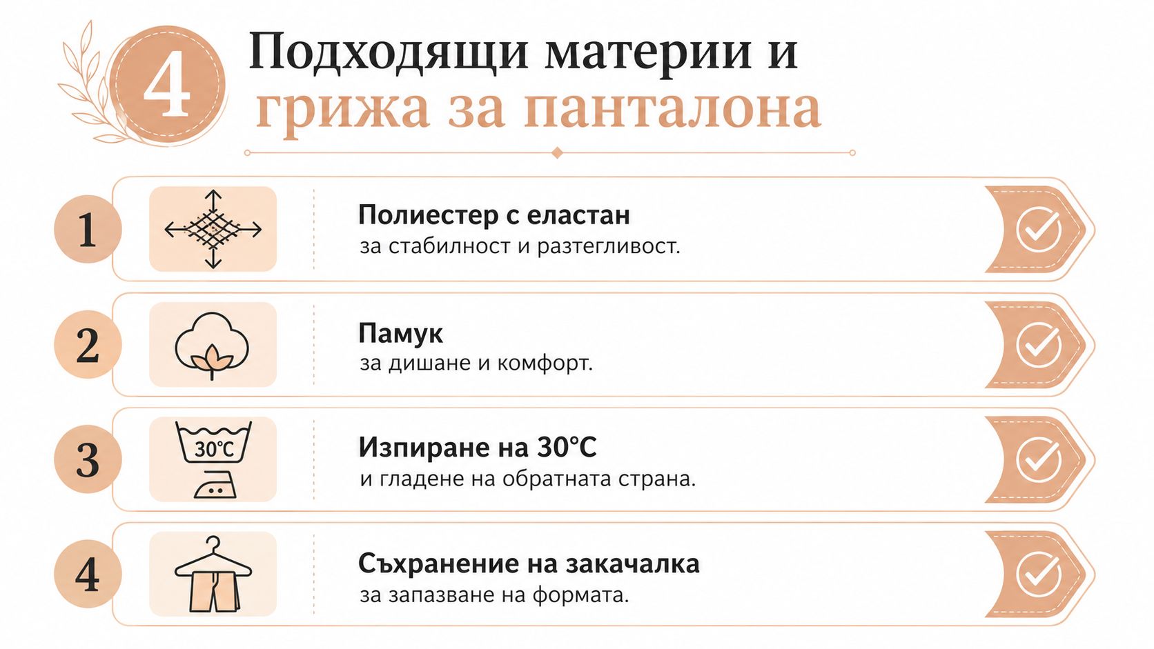 Инфографика с насоки за избор на материи и поддръжка на панталони с висока талия за дълготрайна употреба.