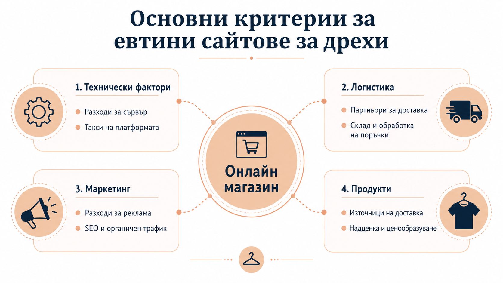 Инфографика, показваща основните фактори за създаване на успешни и евтини онлайн магазини за дрехи чрез технически, логистични, маркетингови и продуктови стратегии.