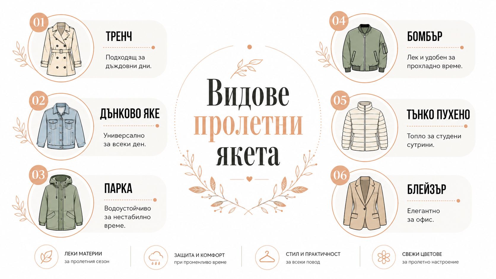 Инфографика с шест вида модерни дамски пролетни якета, включваща тренч, дънково яке, парка, бомбър, пухено яке и блейзър.