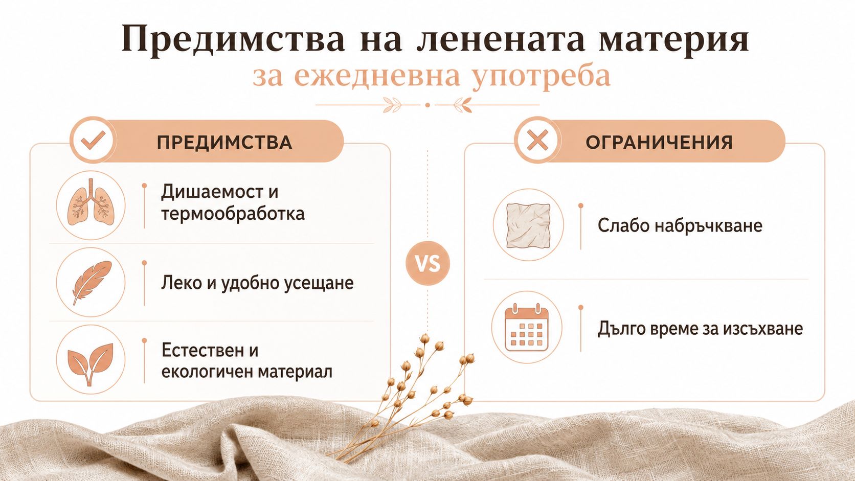 Инфографика, показваща предимствата и ограниченията на ленената материя за ежедневна употреба, представена чрез икони и текст.
