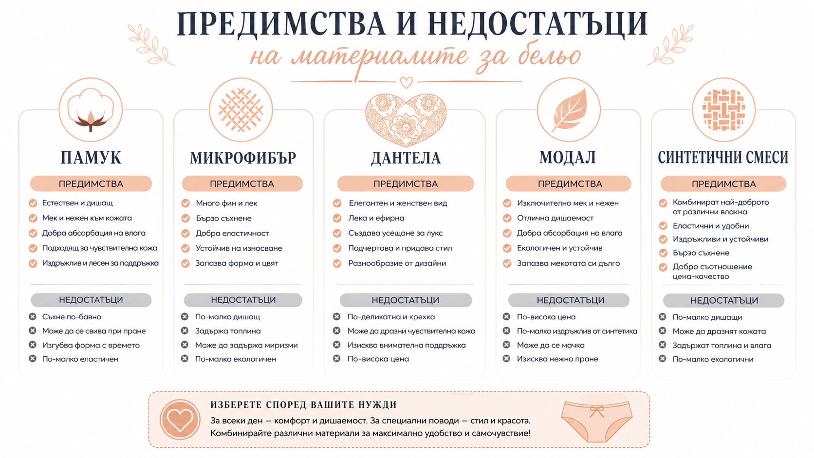 Инфографика, показваща предимствата и недостатъците на различните материали, използвани за изработката на дамско бельо.