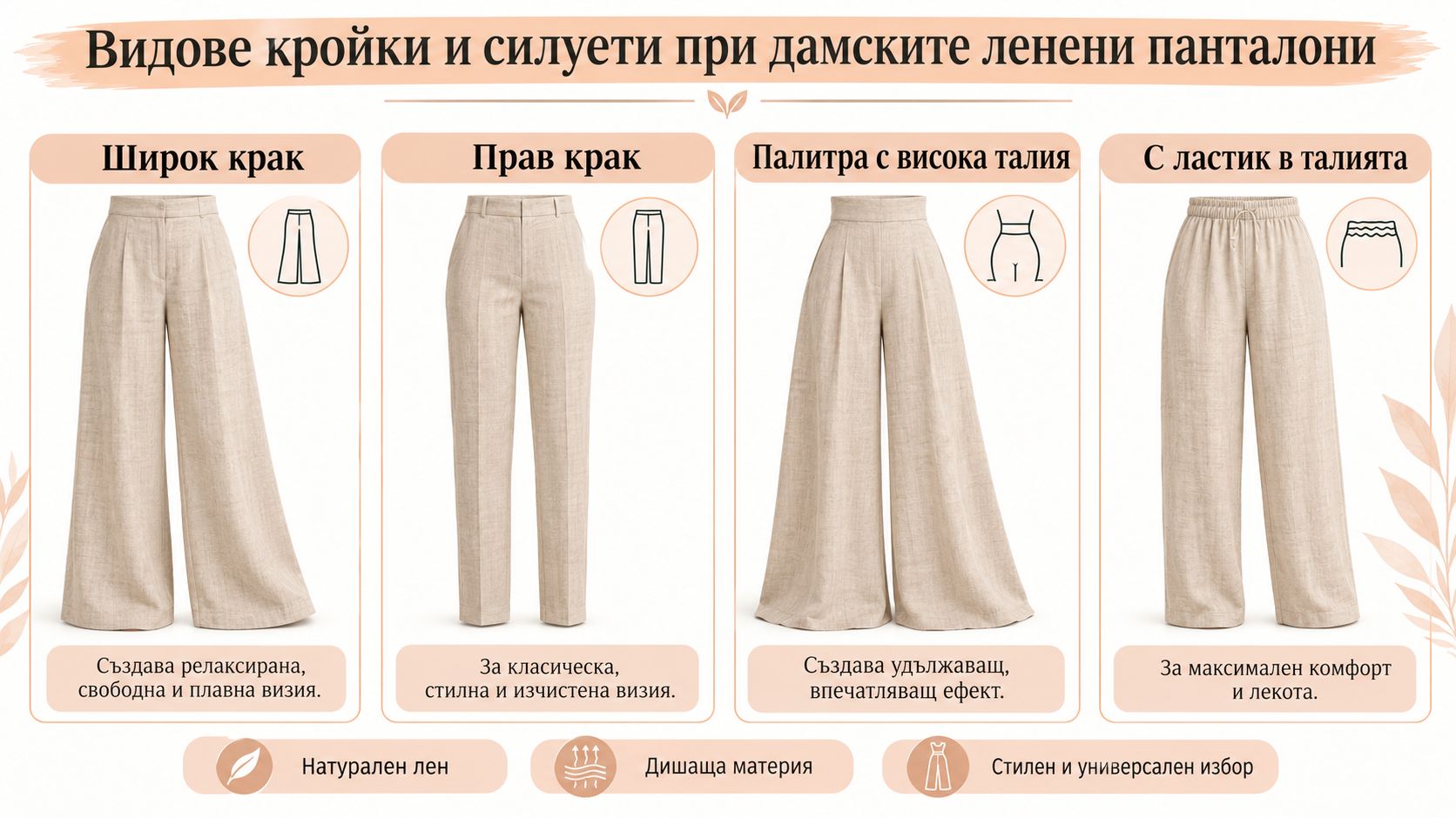 Инфографика, показваща четири вида дамски ленени панталони с техните основни характеристики, предимства и удобство при носене.