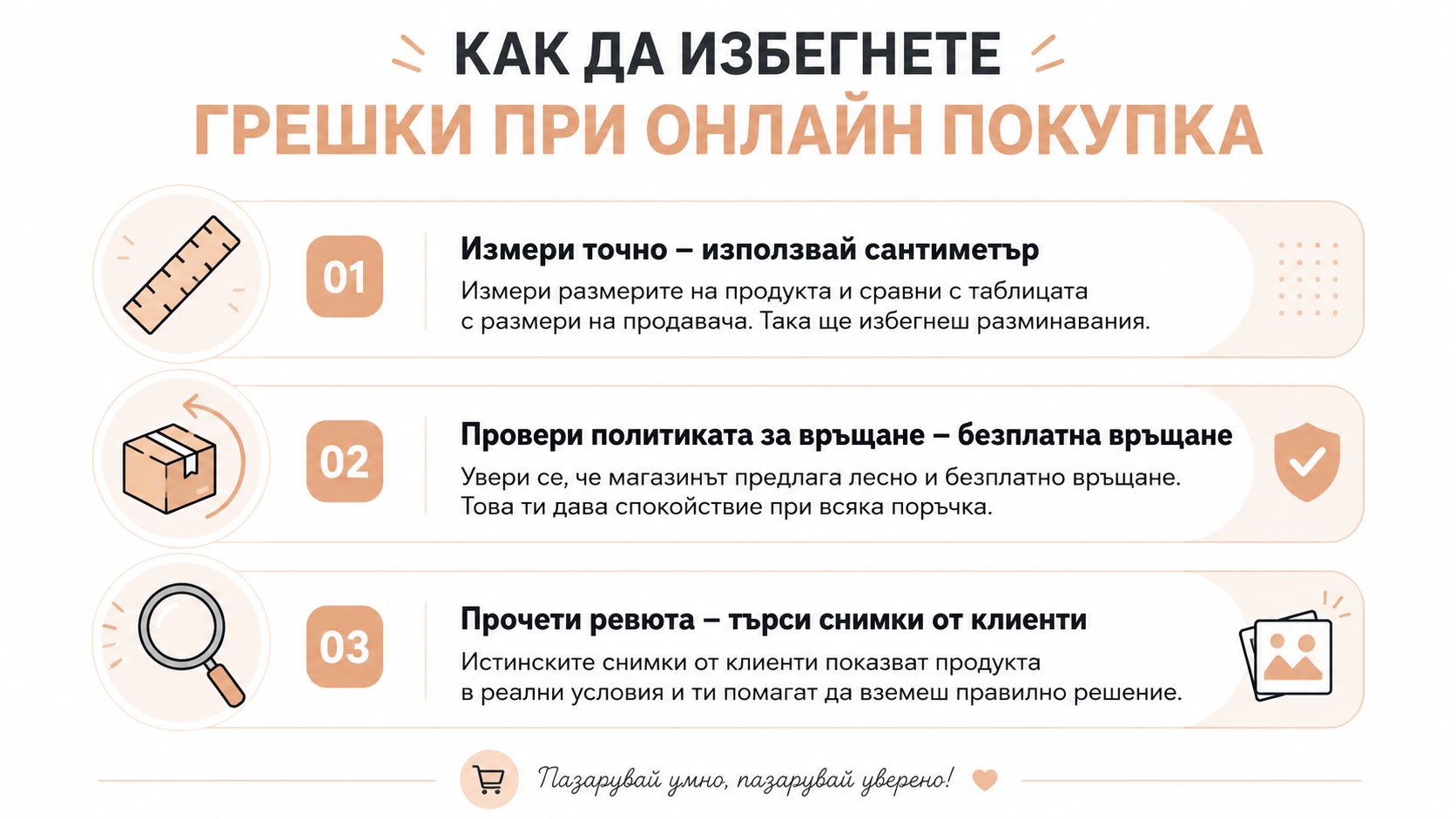 Инфографика със съвети за избягване на често срещани грешки при пазаруване от онлайн магазини и платформи.