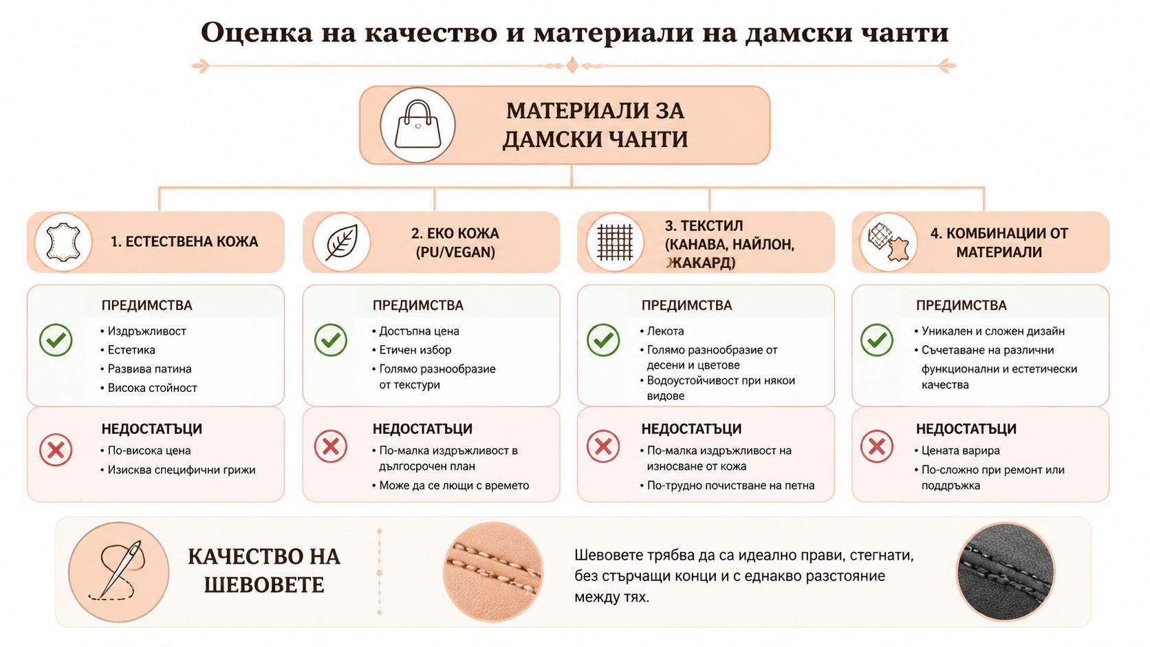 Инфографика, показваща предимствата и недостатъците на различните видове материали за изработка на качествени дамски чанти.