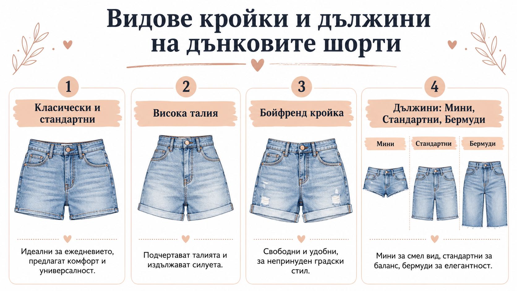 Инфографика, показваща четири различни модела и дължини на дамски дънкови къси панталони за ежедневието.