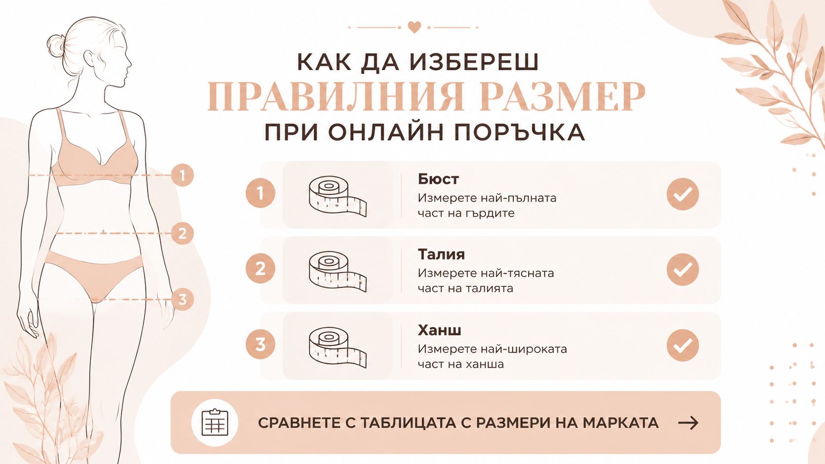 Инструкция как да измерите тялото си правилно за избор на точния размер при онлайн пазаруване на дрехи.