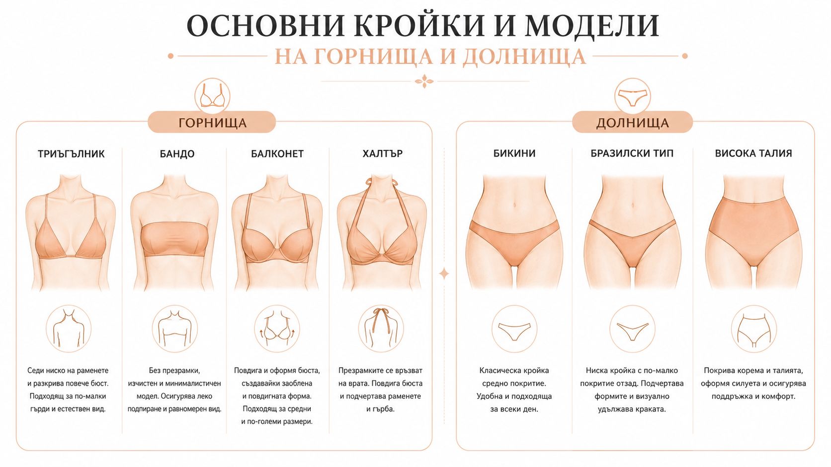 Инфографика, показваща основните видове дамски бански от две части: различни кройки за горнище и долнище с описание.