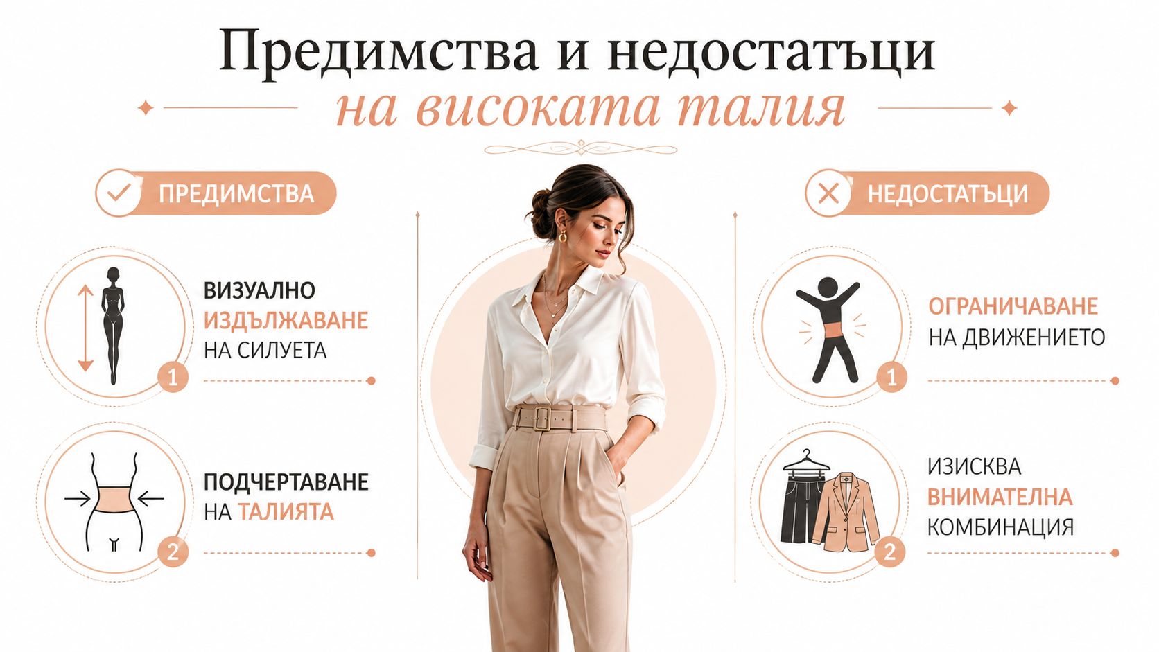 Инфографика, показваща предимствата и недостатъците на панталоните с висока талия за женската визия и облекло.