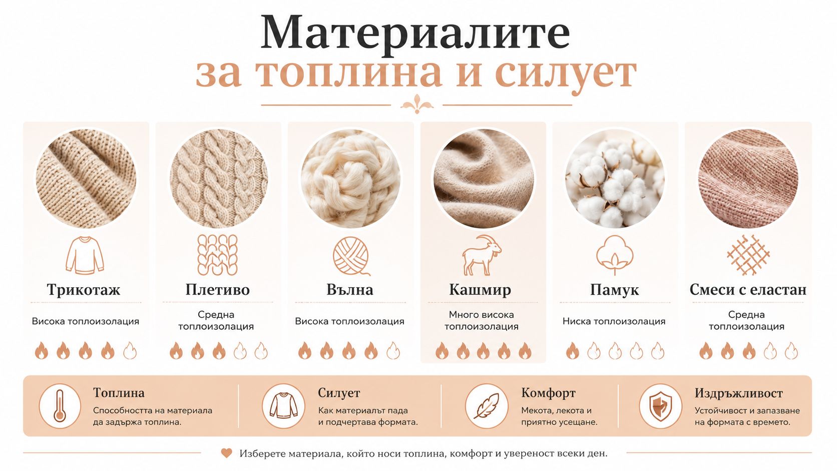 Инфографика, показваща различните видове материали за зимни дрехи, тяхната топлоизолация и основни характеристики за комфорт и устойчивост.
