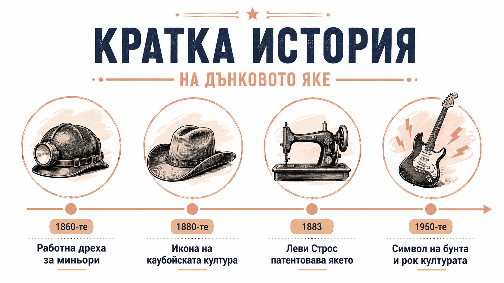 Инфографика, проследяваща историята на дънковото яке от работна дреха за миньори до символ на рок културата.