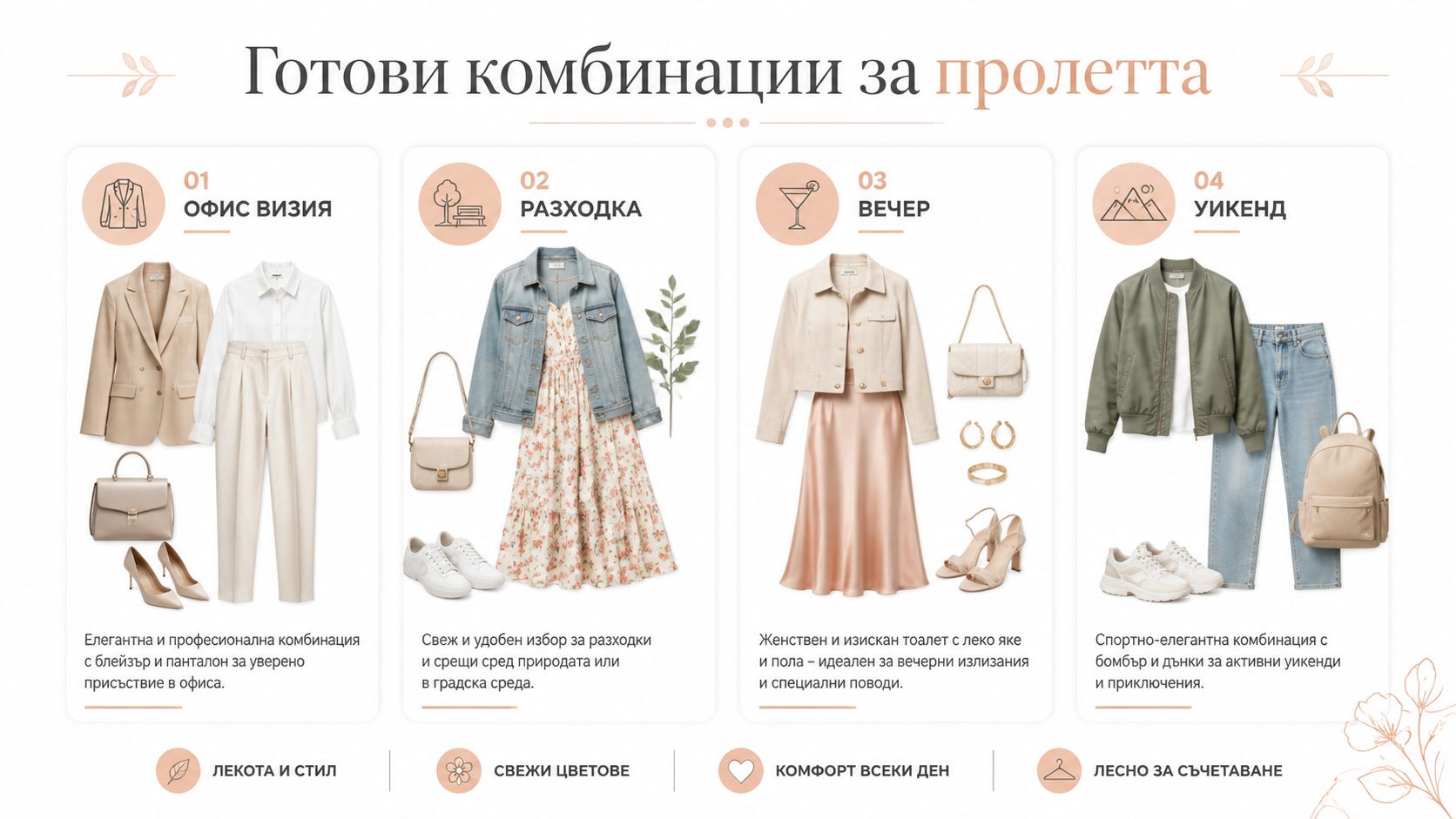Четири стилни дамски модни комбинации за пролетта, включващи якета, рокли, панталони и аксесоари за различни поводи.