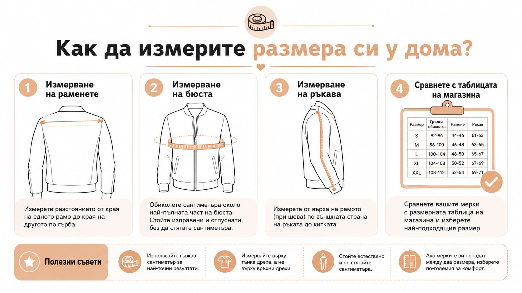 Инфографика, показваща как да измерите правилно своите мерки за избор на подходящ размер пролетно яке у дома.