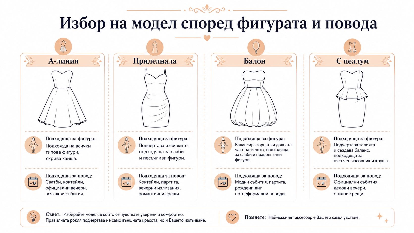 Инфографика, показваща избор на къси официални рокли според типа фигура и повода за събитието.