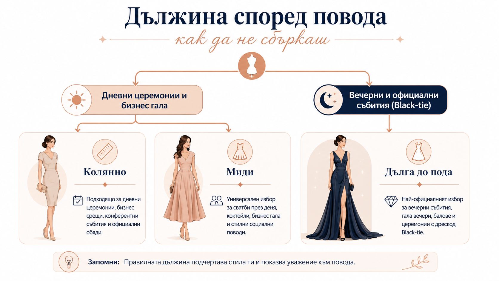 Инфографика, показваща как да изберете подходящата дължина на дамски официални рокли спрямо събитието и повода.
