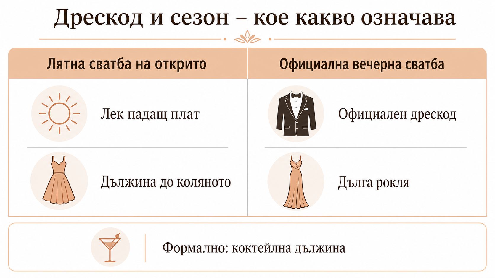 Инфографика, показваща избор на облекло и дължина на рокли спрямо сезона и официалността на сватбеното събитие.