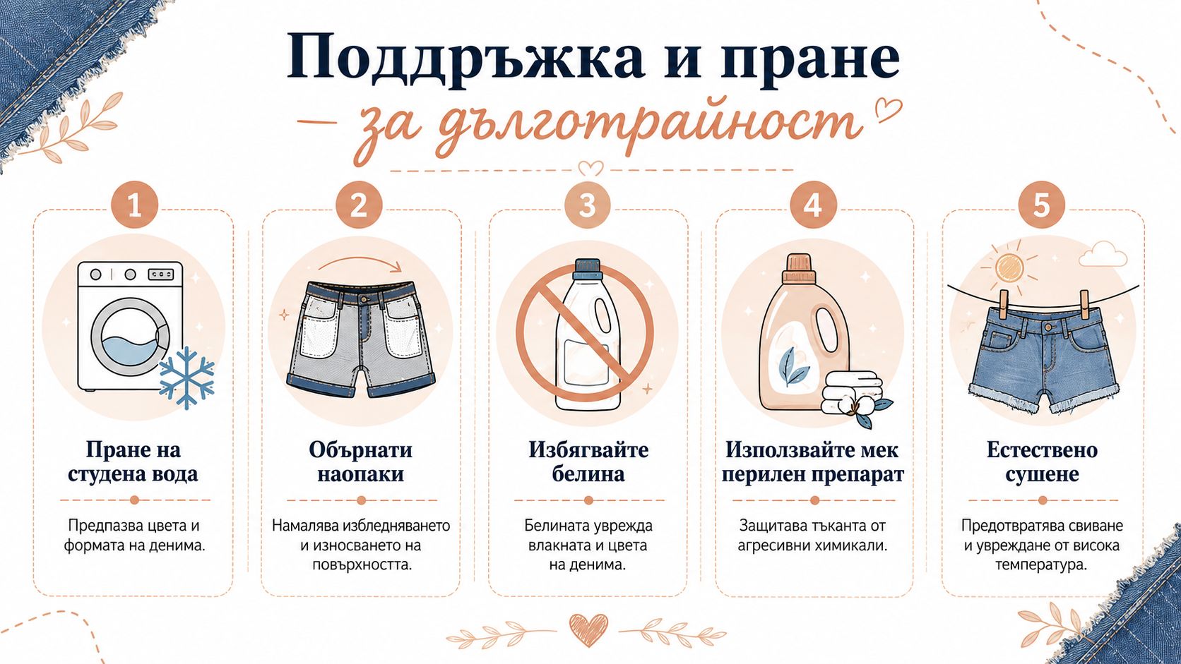Инфографика с пет стъпки за правилна поддръжка и пране на дънкови къси панталони за тяхната дълготрайност.