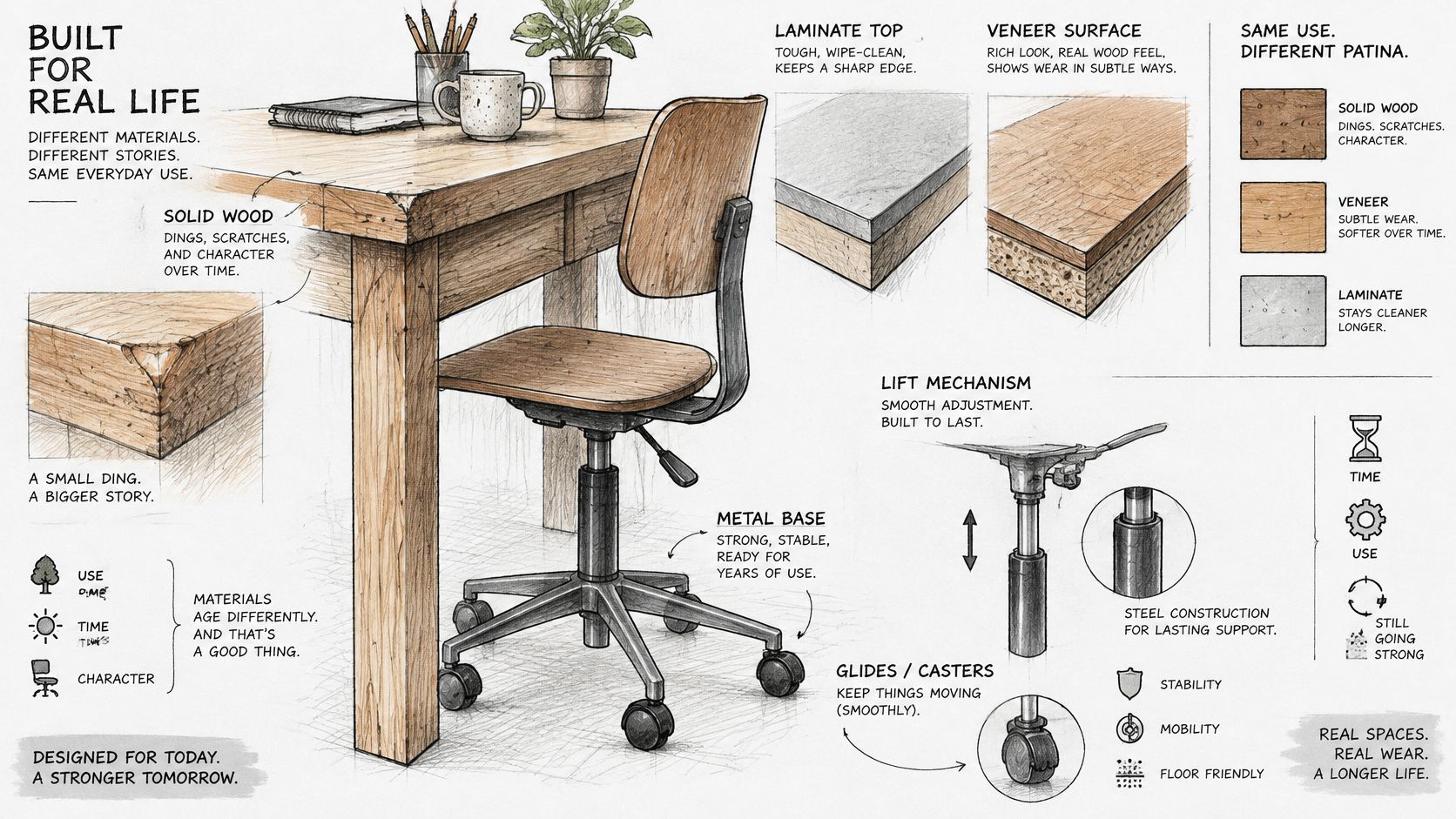 A detailed technical illustration showing the construction and materials of a wooden desk and office chair.