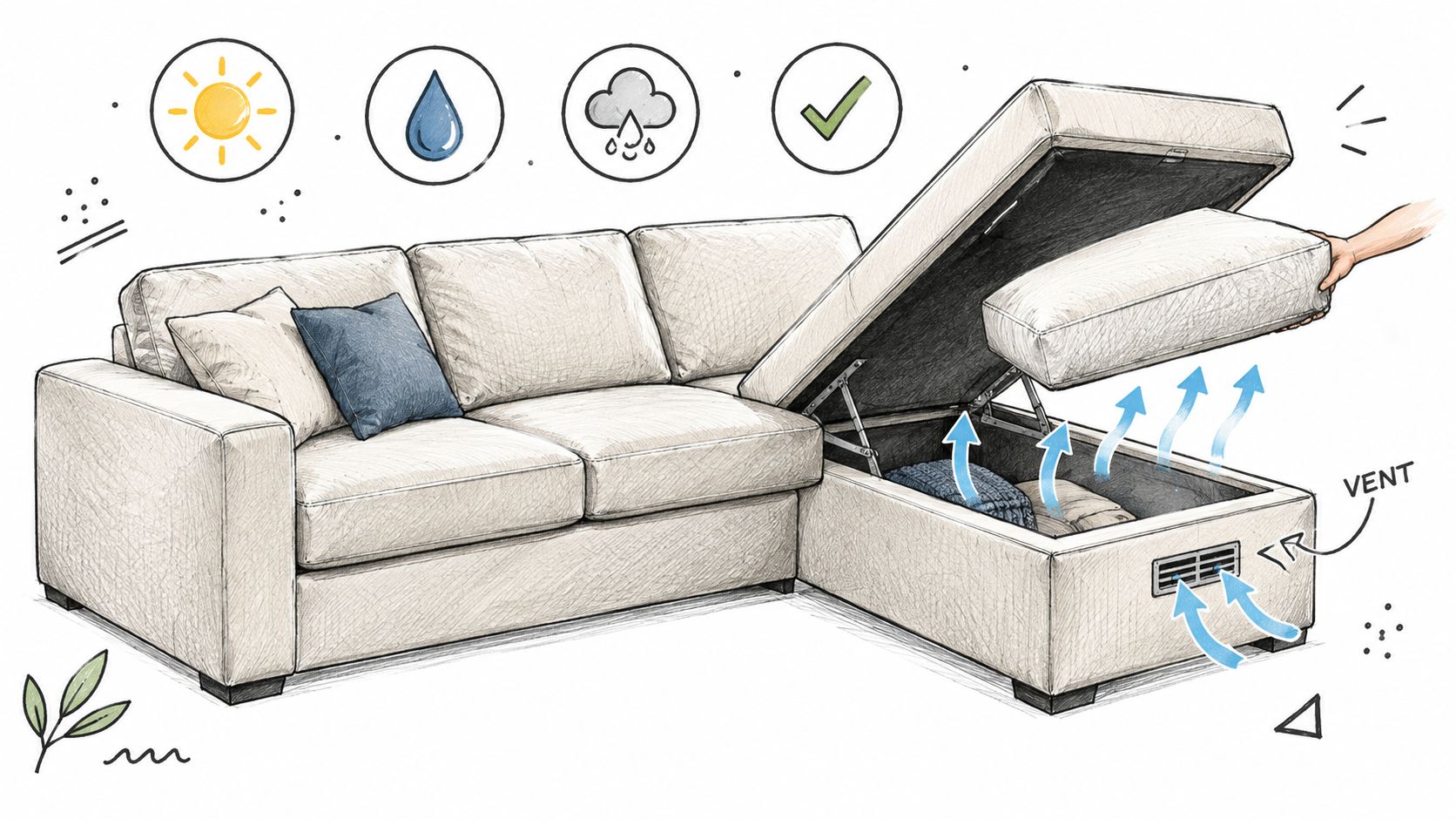 A beige outdoor sectional sofa with a hidden lift-up storage compartment and integrated ventilation for airflow.