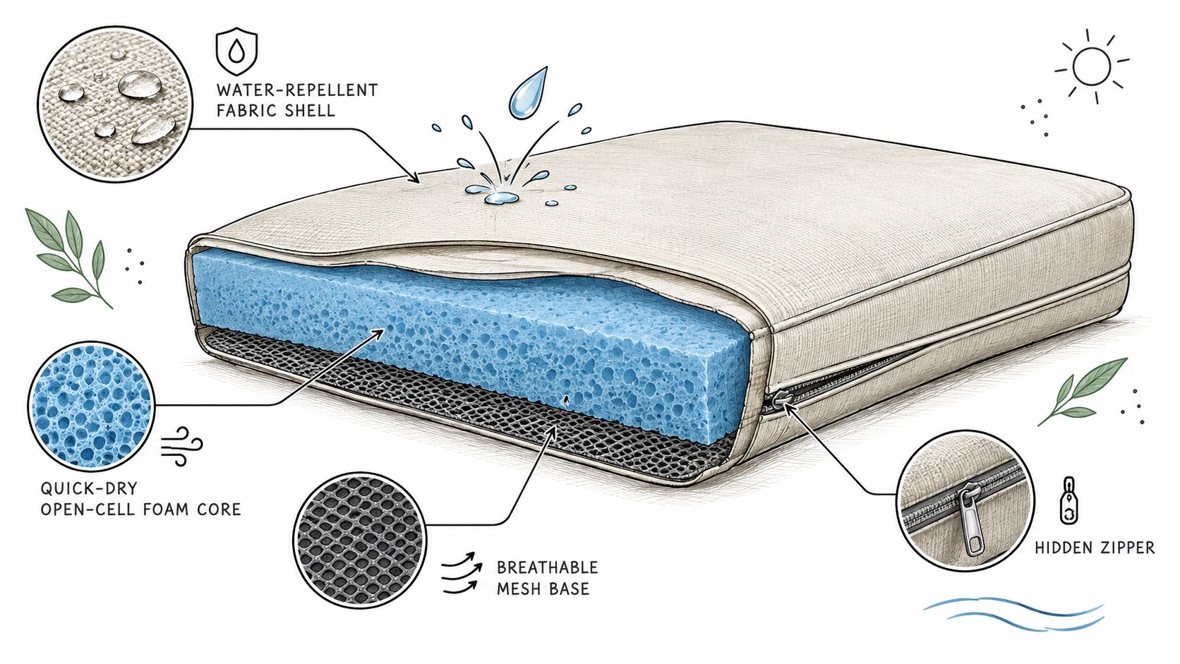 A detailed cross-section illustration showing layers of an outdoor cushion including foam core, mesh base, and fabric.