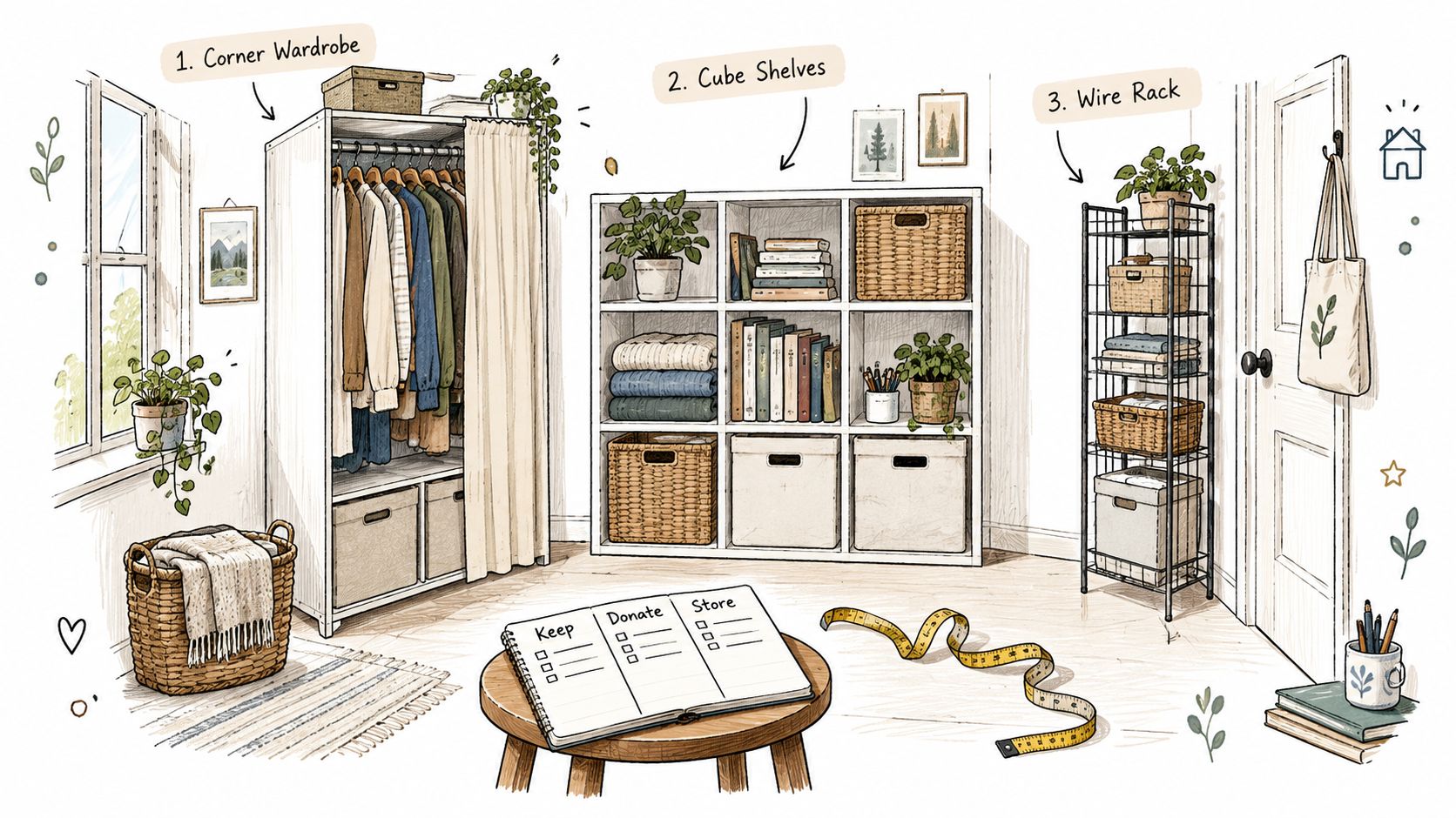 A cozy, hand-drawn illustration showing a organized room with a wardrobe, cube shelves, and a wire rack.