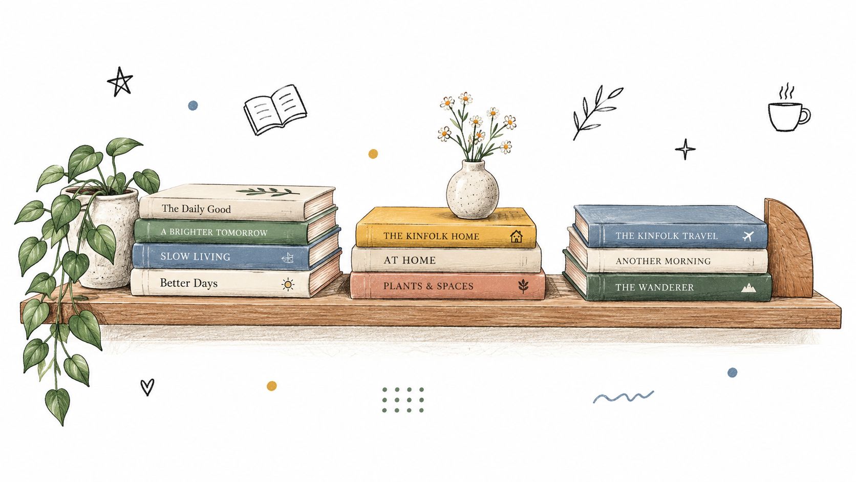A charming illustration of a wooden bookshelf featuring stacked books, a potted plant, and decorative floral elements.