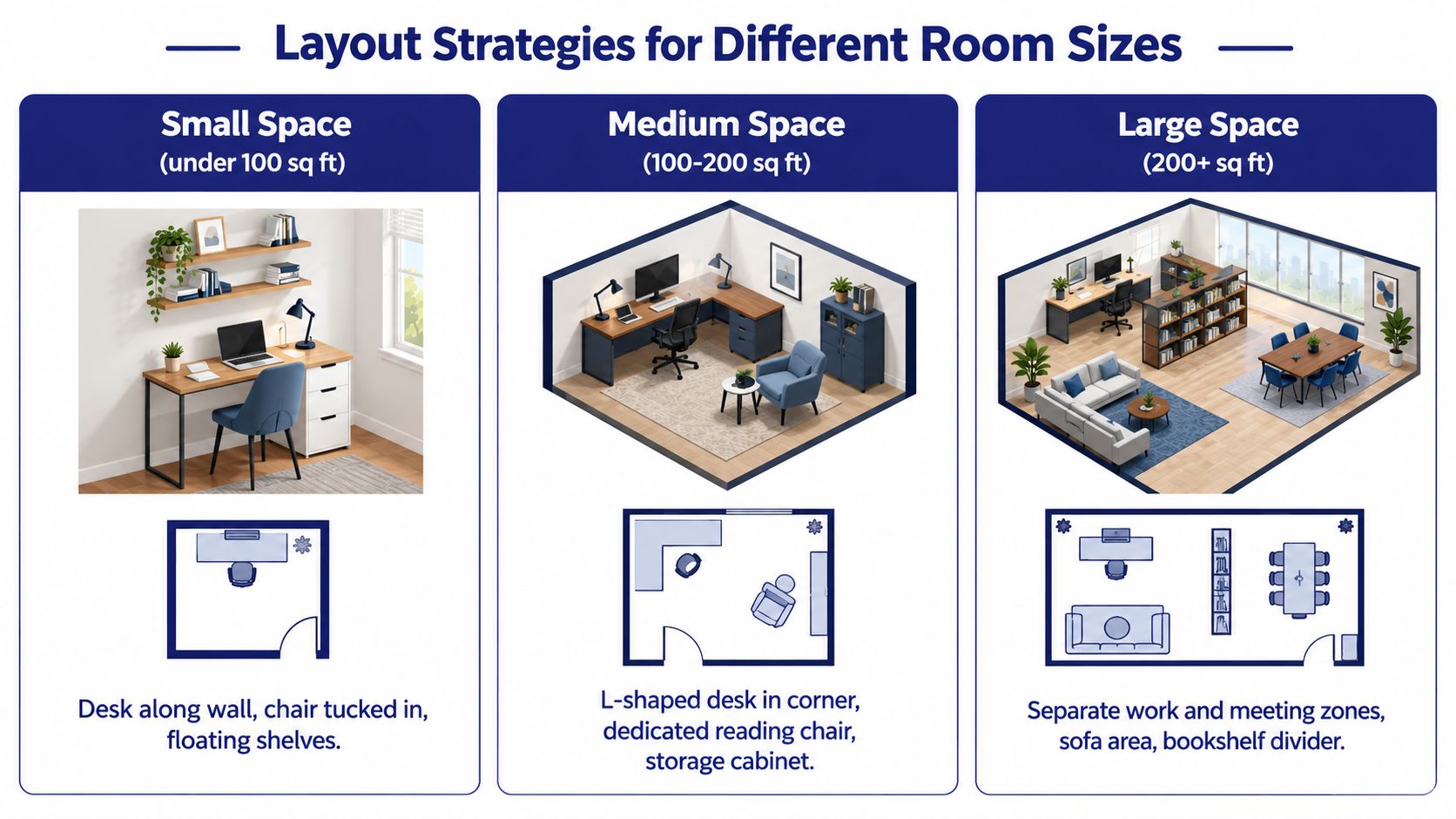 A diagram illustrating optimal office furniture layout strategies for small, medium, and large room sizes.