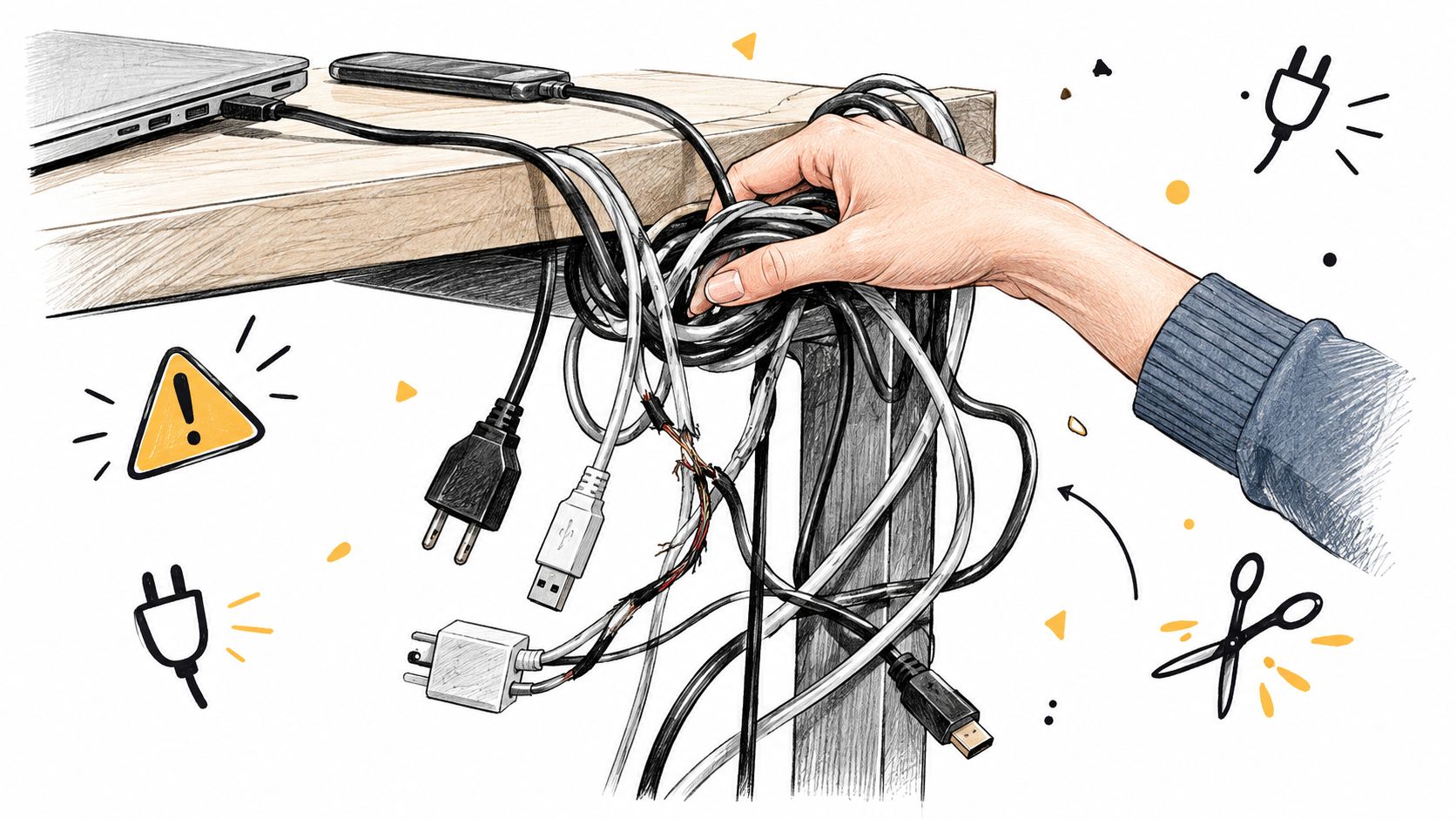 A hand holding a tangled and damaged collection of electronic power cords hanging off a desk.