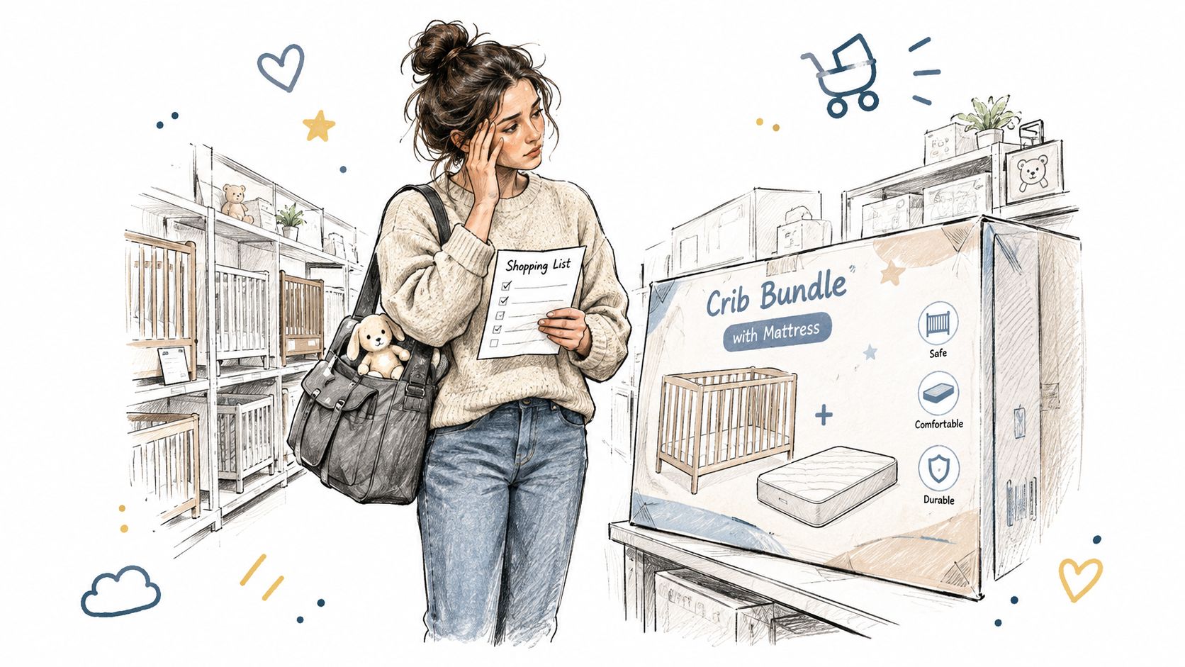 A young woman looking thoughtfully at a crib bundle package in a store while holding a shopping list.