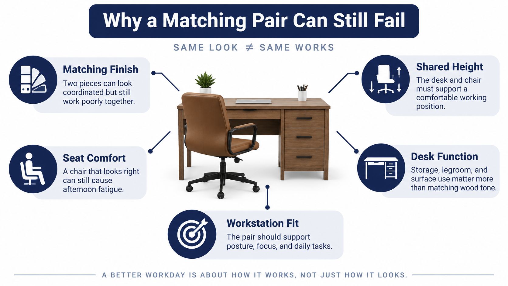 An infographic titled Why a Matching Pair Can Still Fail, illustrating desk and chair ergonomic considerations.