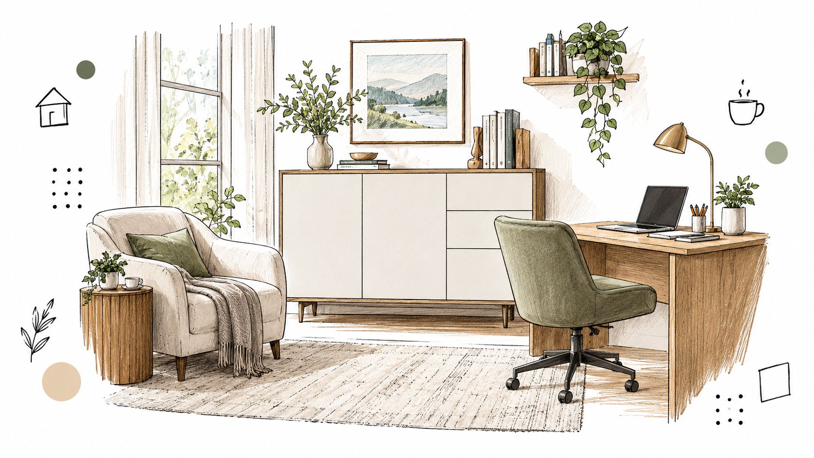 A cozy, hand-drawn illustration of a modern home office with a desk, armchair, storage cabinet, and plants.