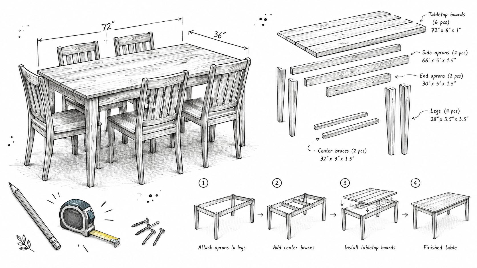 A detailed technical drawing and guide for assembling a DIY wooden dining table with parts list.