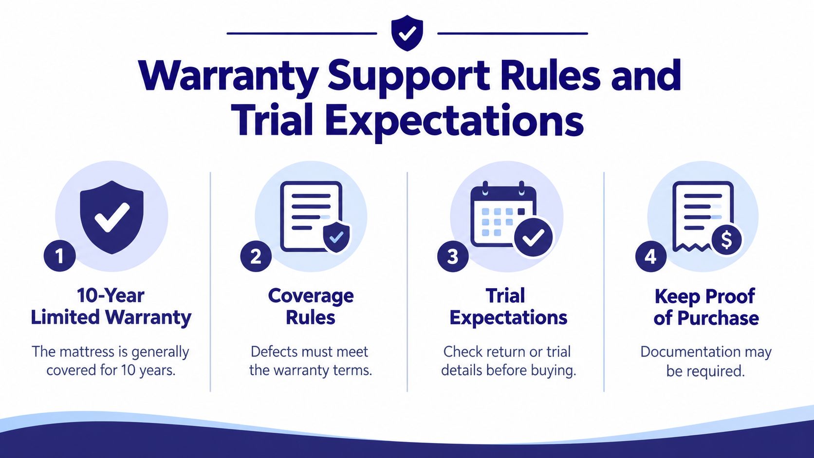An infographic titled Warranty Support Rules and Trial Expectations detailing four key steps for mattress customers.