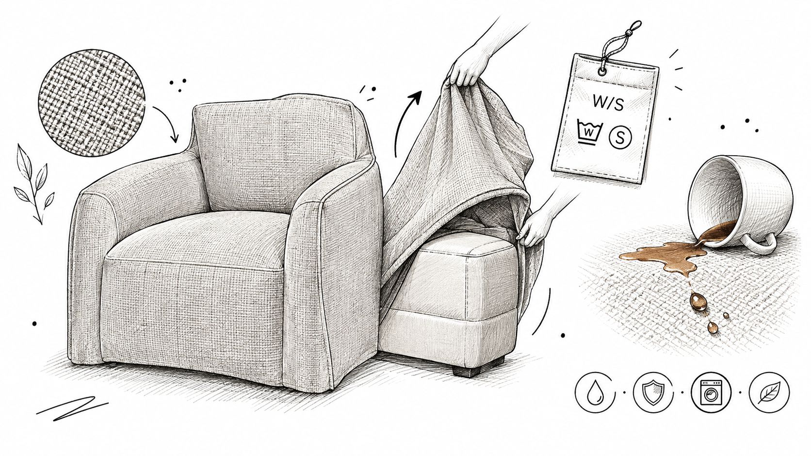 A sketched illustration showing a sofa with a removable, machine-washable fabric cover and a spilled coffee cup.