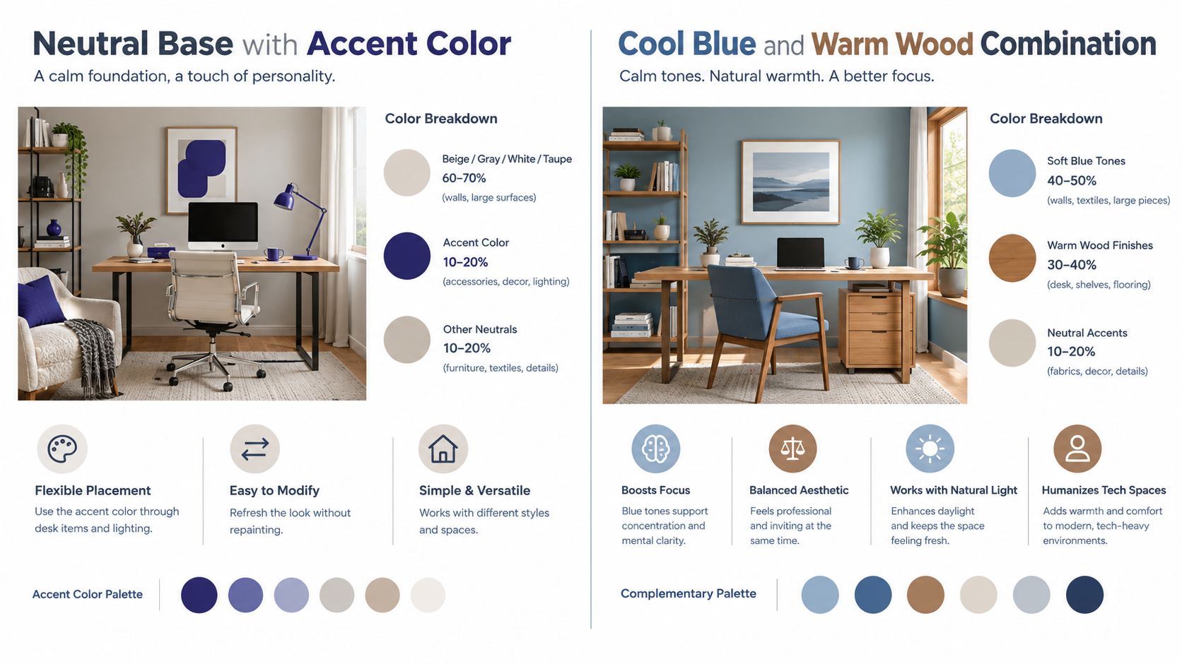 An infographic comparing two home office design color palettes featuring neutral and blue tones for workspaces.