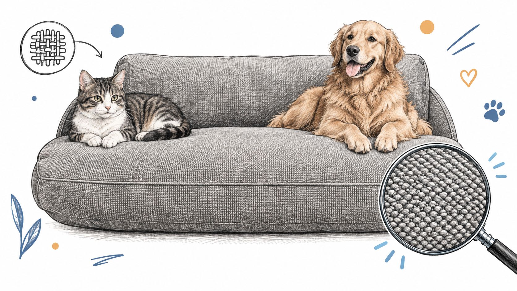 A cat and a golden retriever lying comfortably on a durable gray fabric pet sofa.