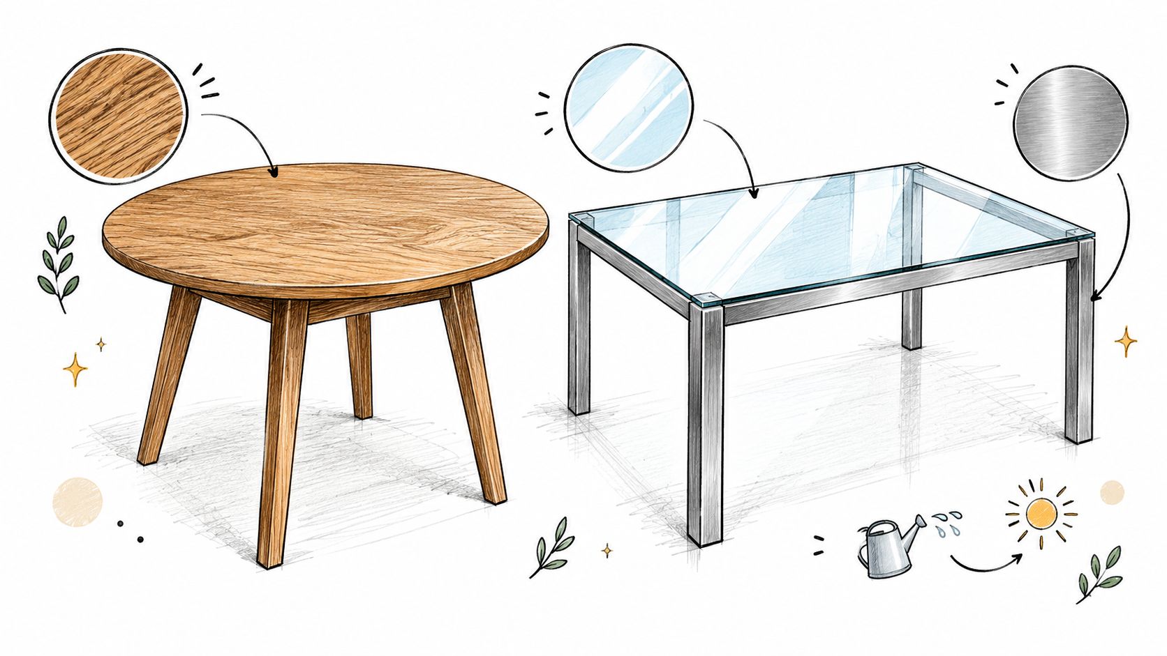A hand-drawn illustration comparing a round wooden dining table and a rectangular glass and metal dining table.