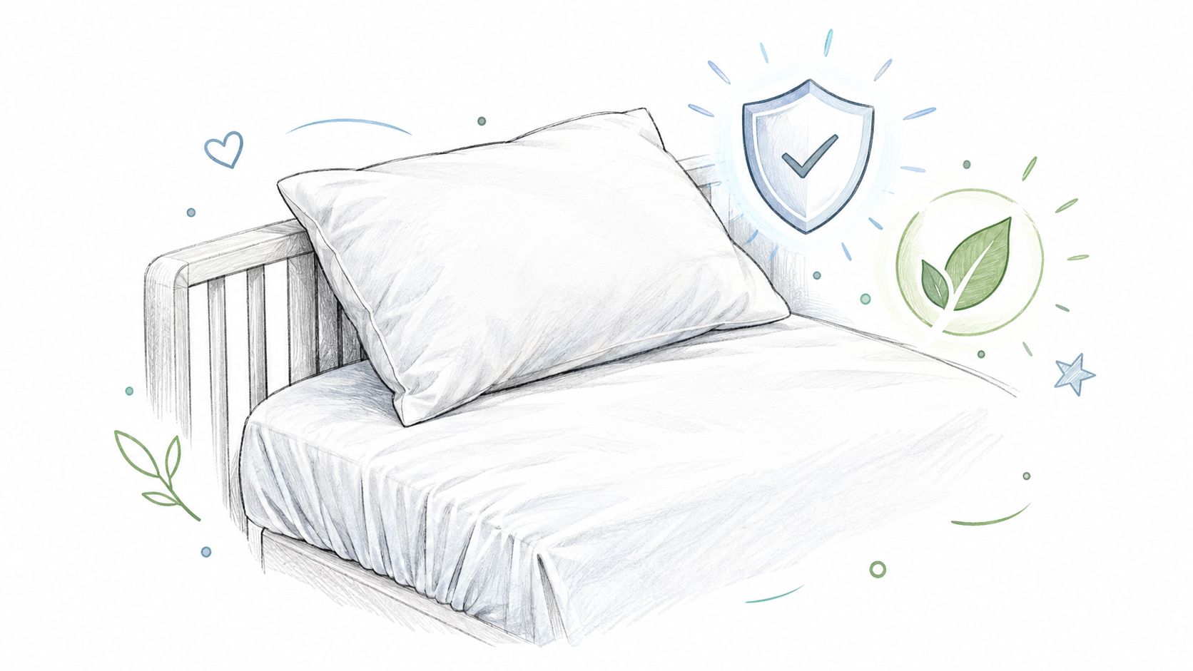 A pencil sketch of a comfortable child's bed featuring a pillow, soft linens, and eco-friendly shield icons.