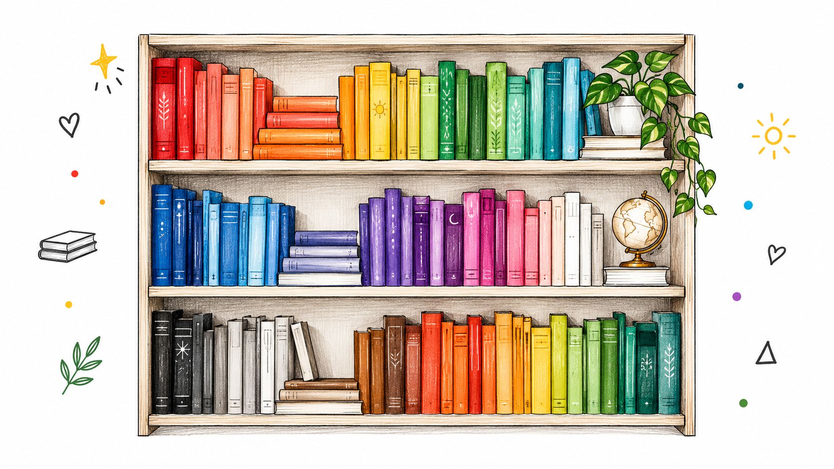 A wooden bookshelf organized by color with rainbow-themed books, a potted plant, and a vintage globe.