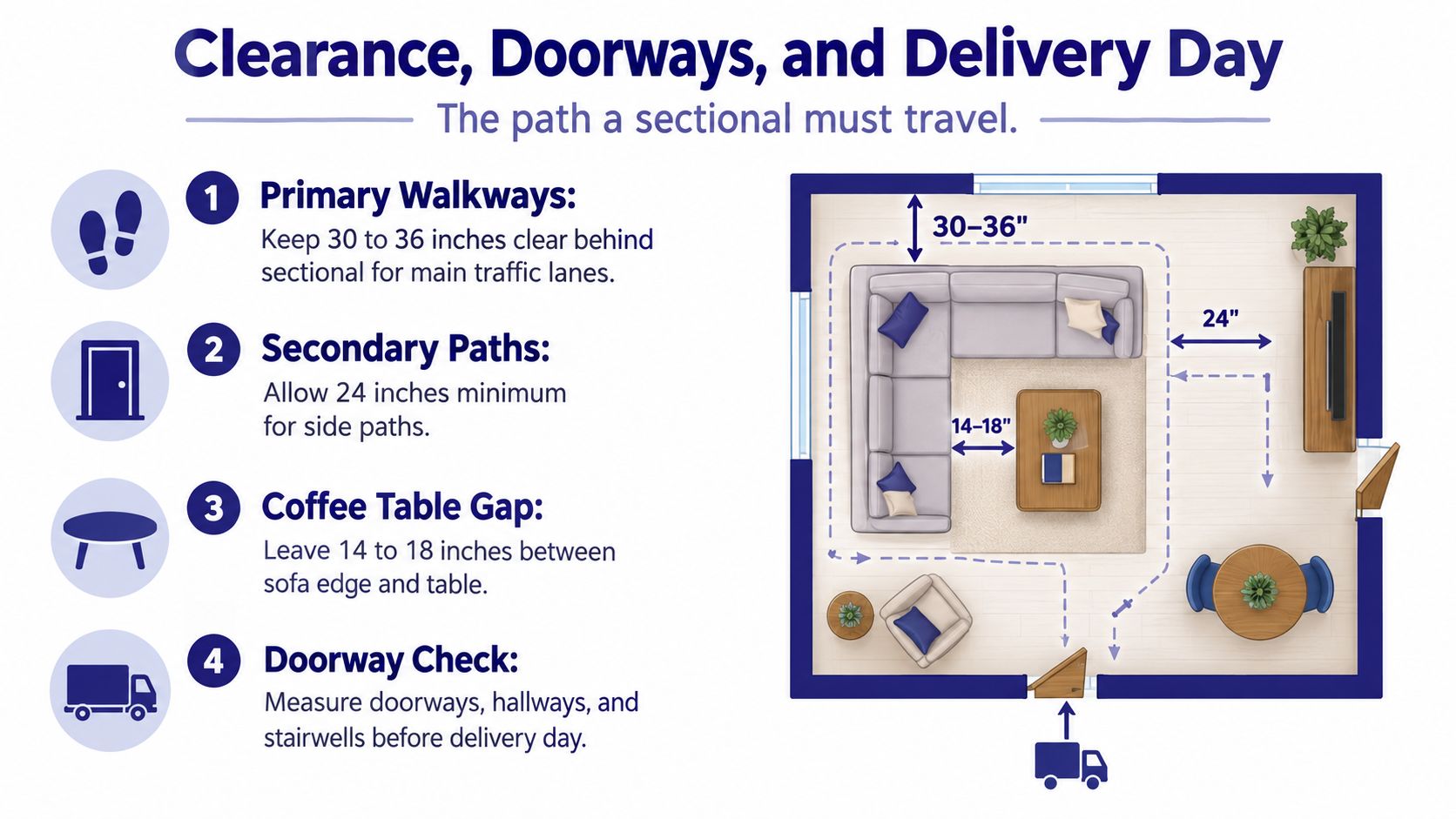 An infographic showing recommended clearance measurements and floor layout tips for placing a sectional sofa.