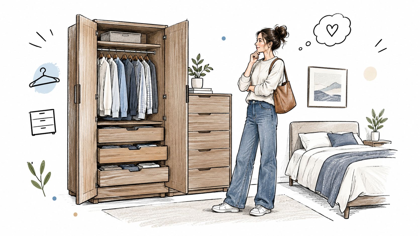 A young woman stands near a stylish wooden wardrobe and dresser set in a bright bedroom interior.