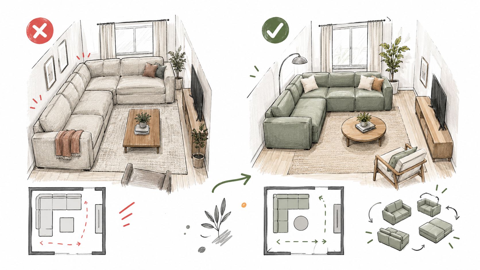 A hand-drawn sketch comparing bad and good furniture layout ideas for living rooms using modular sectional sofas.