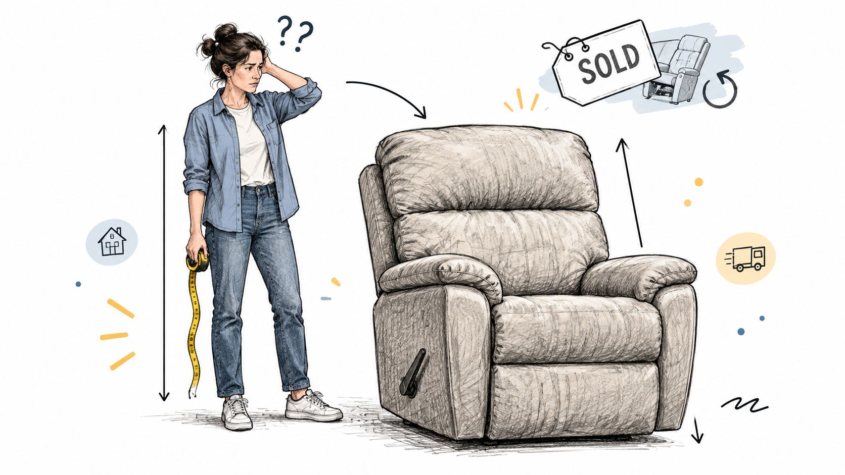A woman measuring the height of a recliner chair while looking confused about furniture sizing for home.