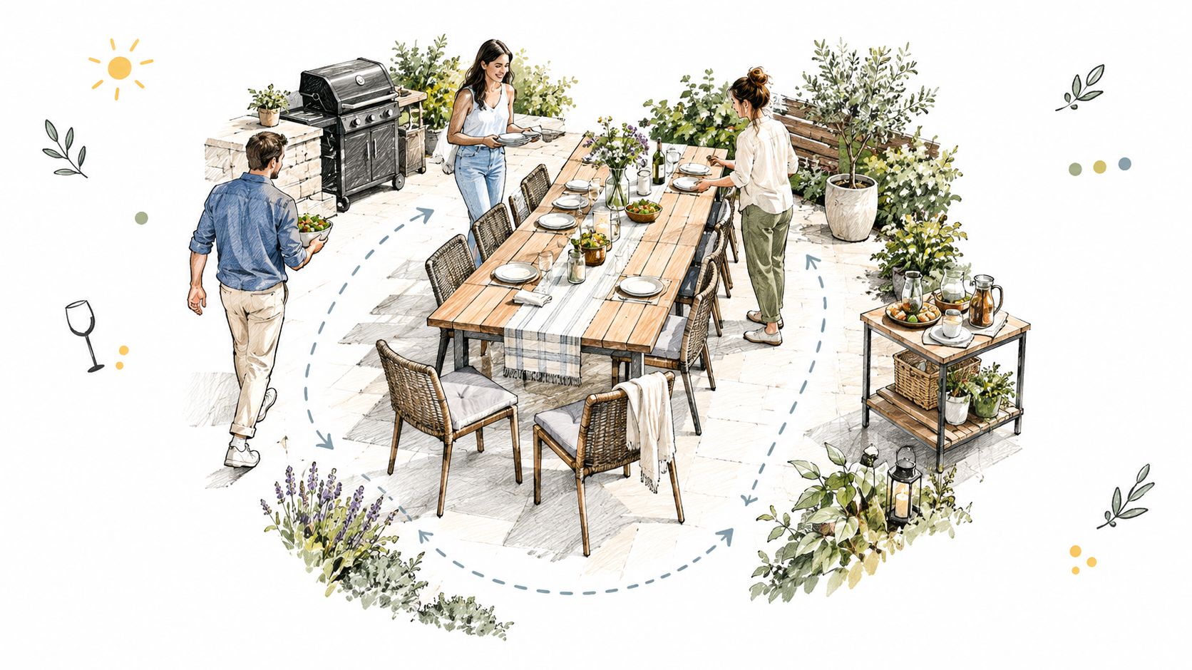 People preparing a long outdoor table for a garden dining party on a sunny patio setting.