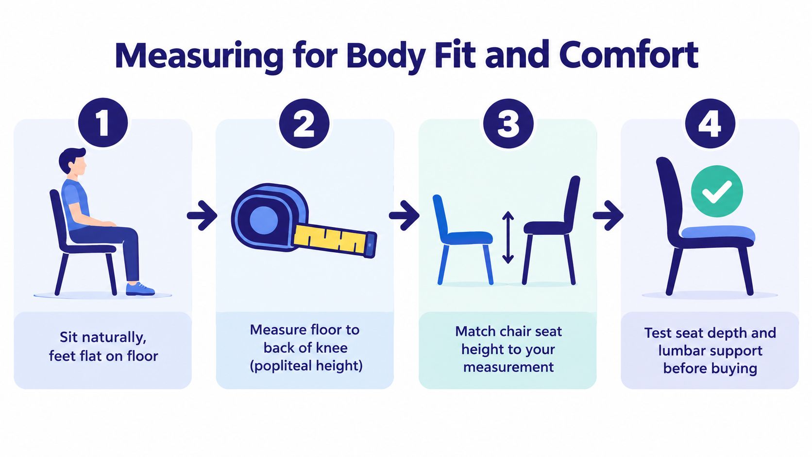A four-step infographic illustrating how to correctly measure for chair fit and comfort before buying.