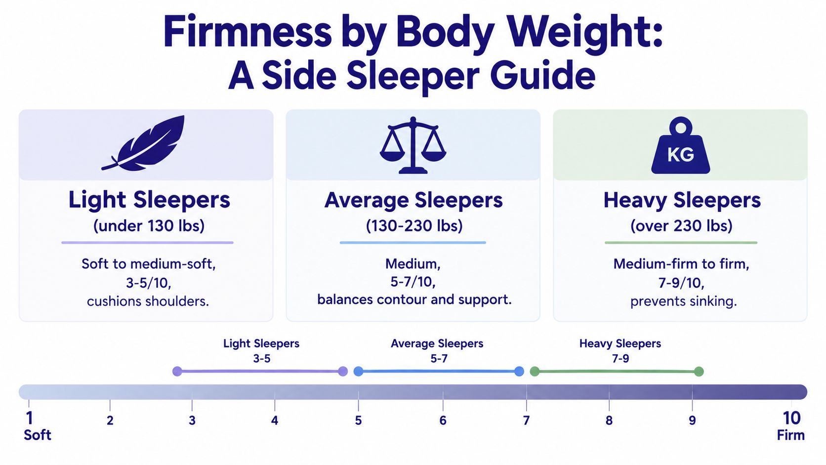 A chart showing recommended mattress firmness levels for side sleepers categorized by their body weight ranges.