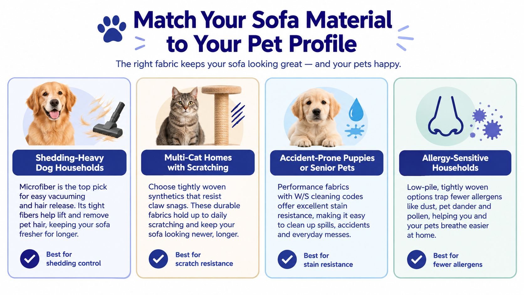 A helpful infographic guiding pet owners on choosing the best sofa materials based on specific pet needs.